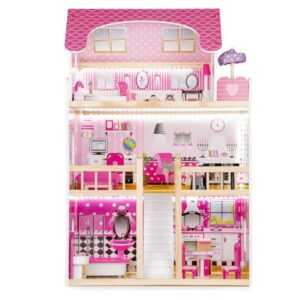 Ecotoys Ecotoys Velký dřevěný domeček pro panenky s nábytkem a osvětlením růžový