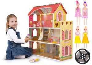 mamido Dřevěný domeček pro panenky s LED osvětlením a nábytkem