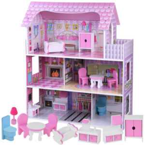 mamido Dřevěný domeček pro panenky s LED osvětlením růžový